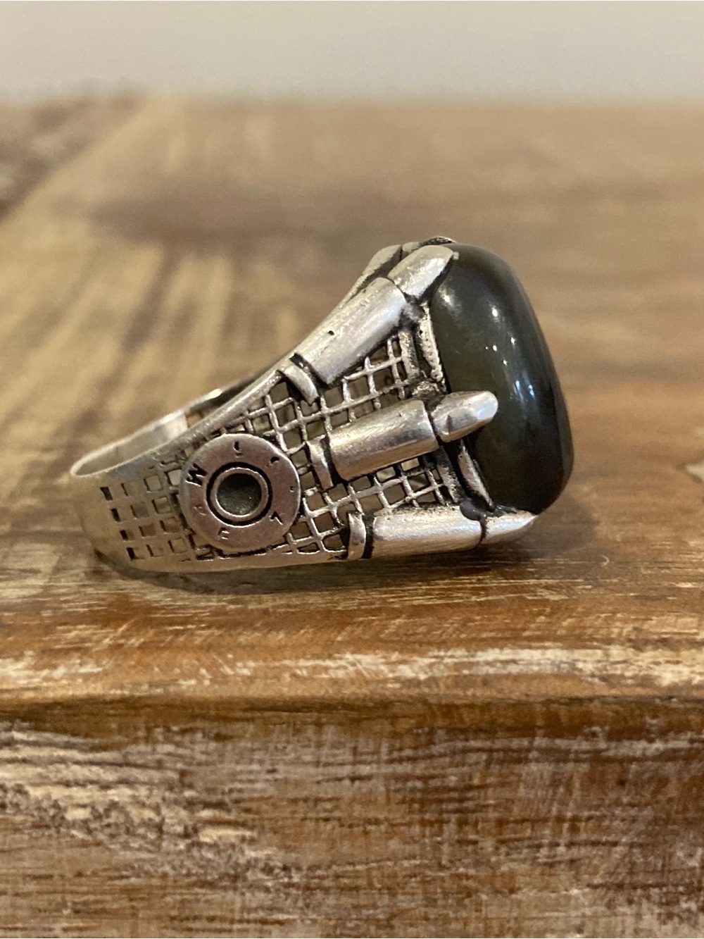Sterling Silver Men's Statement Ring w/ Brown & Gray Cabochon Stone Dragon Claw - Picture 5 of 15